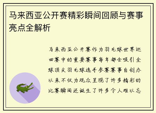 马来西亚公开赛精彩瞬间回顾与赛事亮点全解析